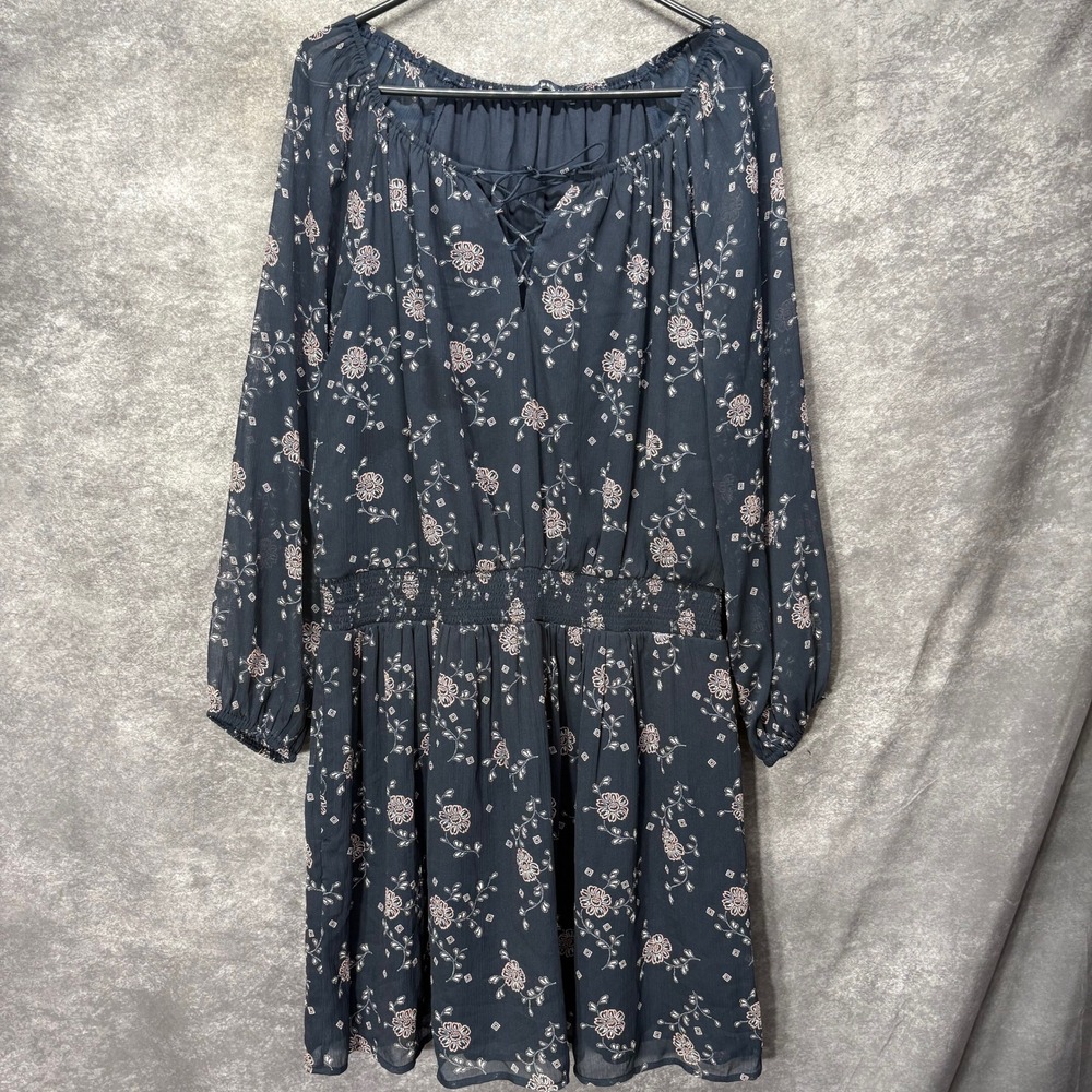 Abercrombie & Fitch Navy Floral Smocked Waist Lace Up Chiffon Dress XL Boho